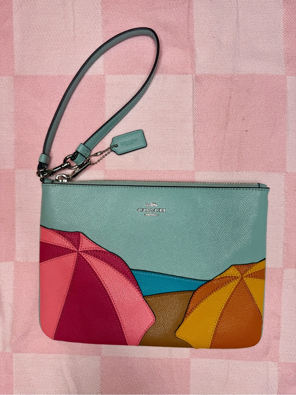 Coach Seafoam Leather Wristlet with Multicolor Umbrella Appliqués